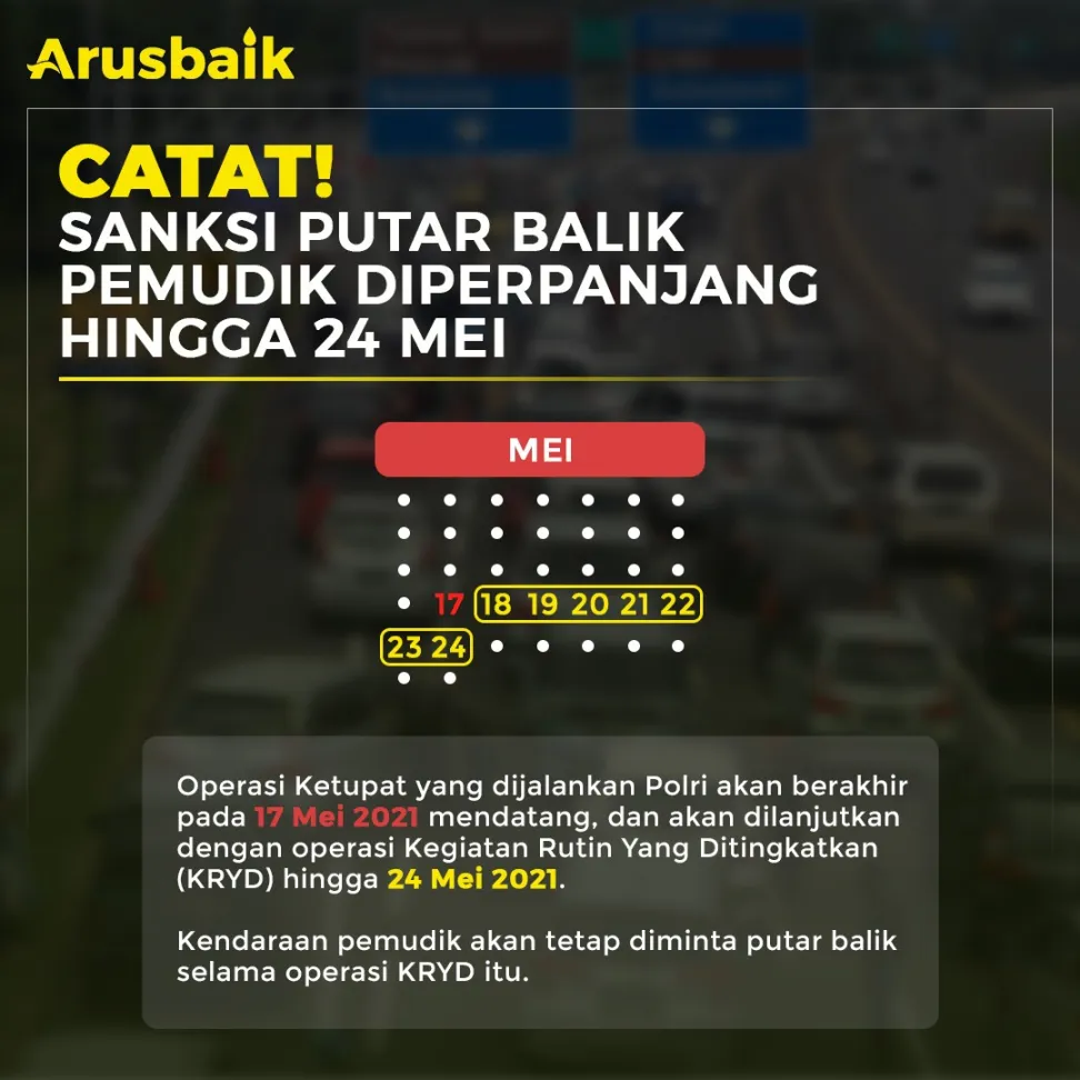 Catat! Sanksi Putar Balik Pemudik Diperpanjang hingga 24 Mei
