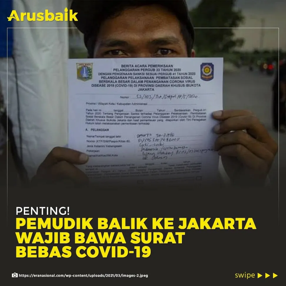 Penting! Balik ke Jakarta Harus Bawa Surat Bebas Covid-19