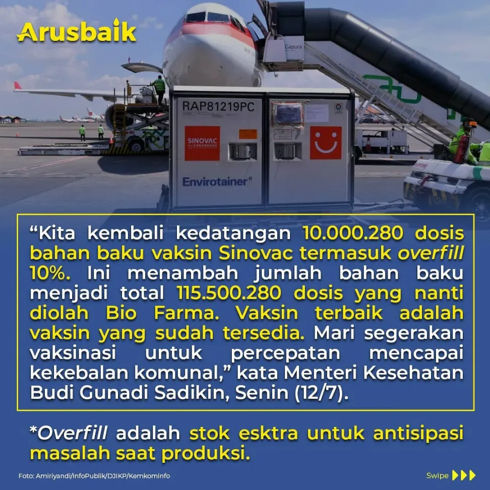 10 Juta Dosis Vaksin Tiba. Stok Sinovac Aman. Yuk, Segera Vaksin
