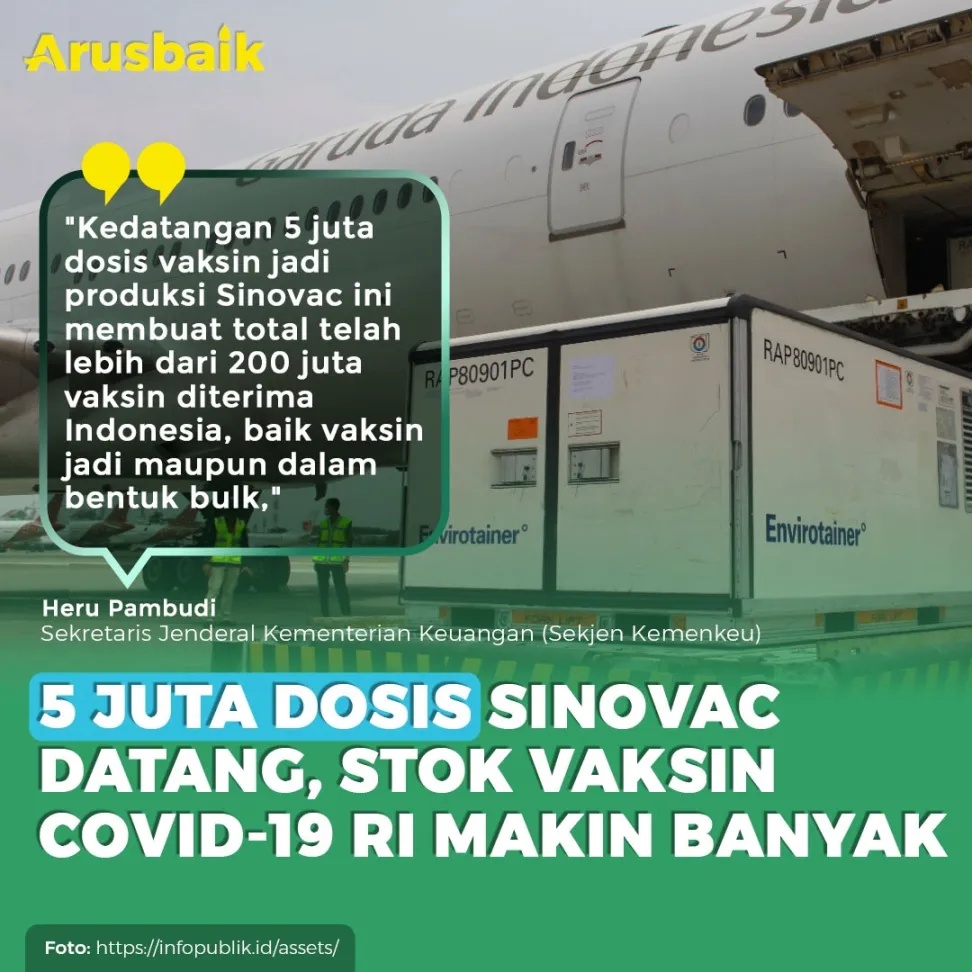 5 Juta Dosis Sinovac Datang, Stok Vaksin Covid-19 RI Makin Banyak